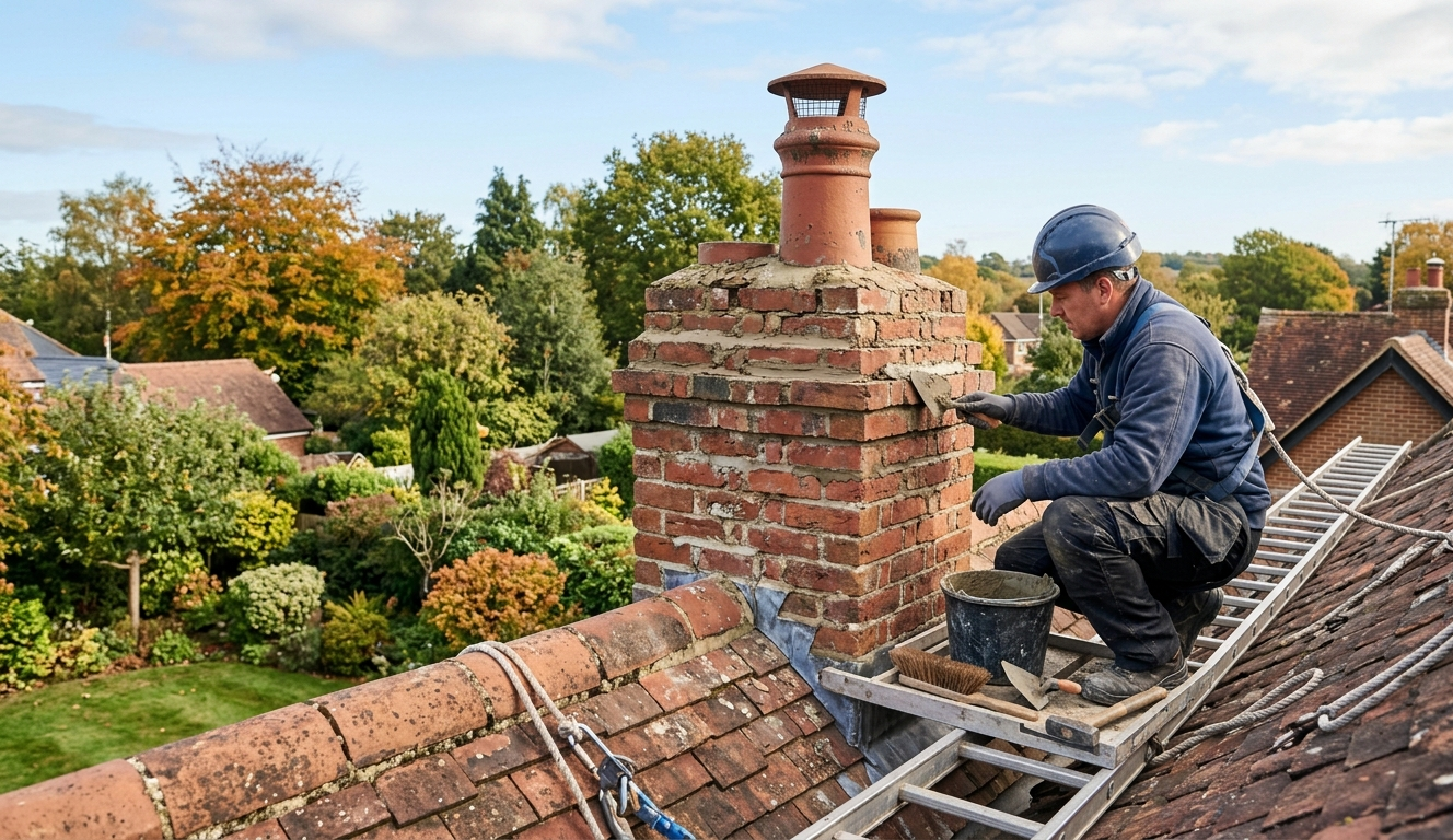 Roofer repairing a brick chimney on a tiled rooftop with autumn trees and houses in the background