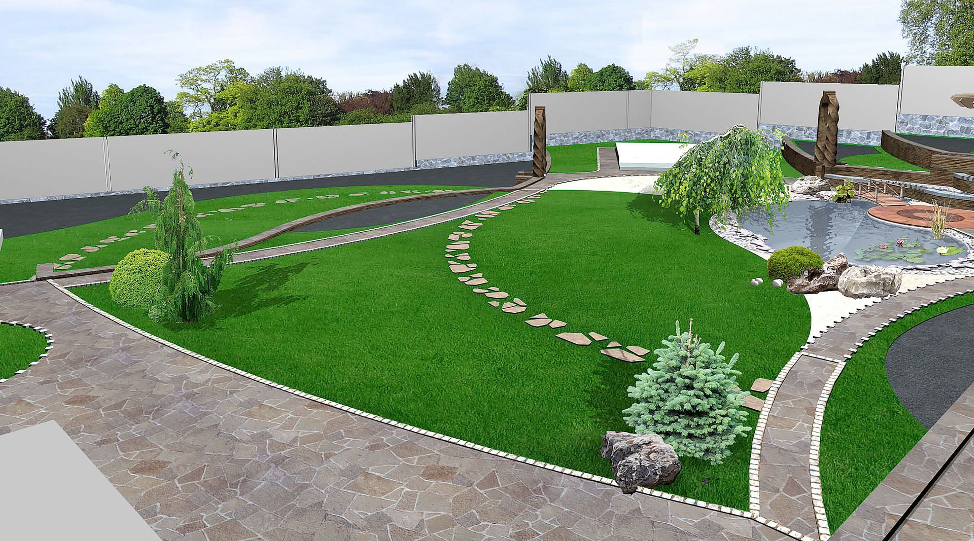 Rendered landscape design: green lawn, stone pathways, water feature, trees, and a light-colored fence.