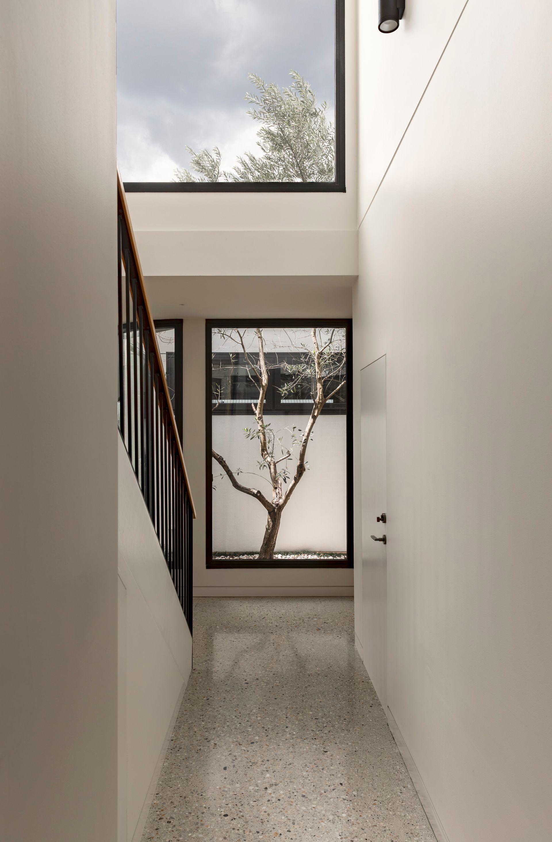 Narrow white hallway with speckled floor, tall windows, and a view of a tree outside