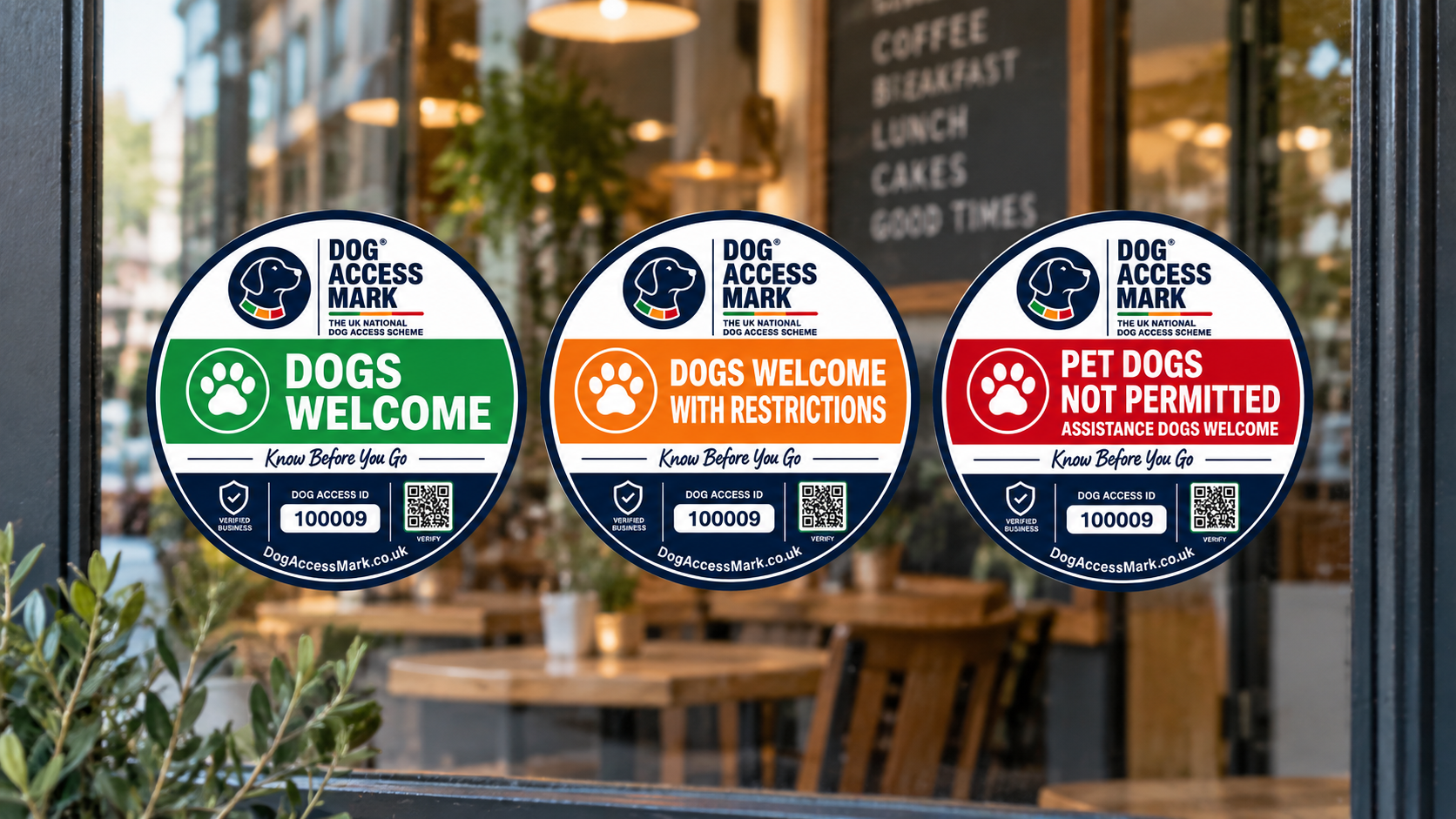 Dog Access Mark Sticker Statuses Dog Access Mark stickers showing Dogs Welcome, Dogs Welcome With Restrictions and Pet Dogs Not Permitted