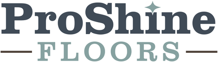 ProShine Floors logo in navy and teal with horizontal lines on a white background