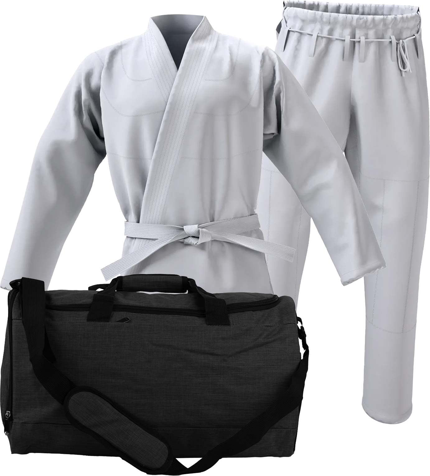 a white karate uniform is next to a black duffel bag