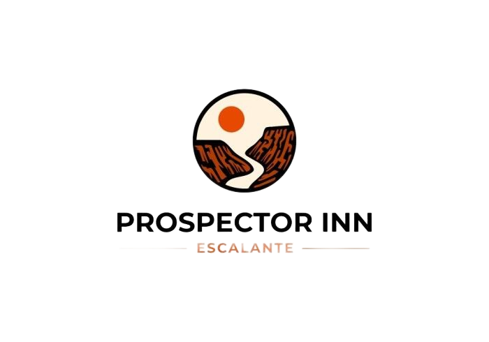 Prospector Inn Escalante logo with orange sun over desert canyon icon and bold black text