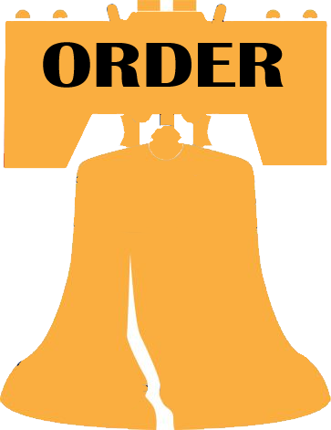 A gold Liberty Bell with a crack, with the word
