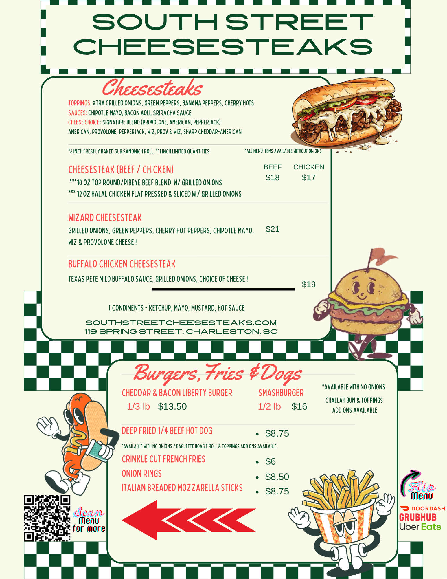 Menu board for South Street Cheesesteaks with cheesesteaks, burgers, fries, and hot dogs.