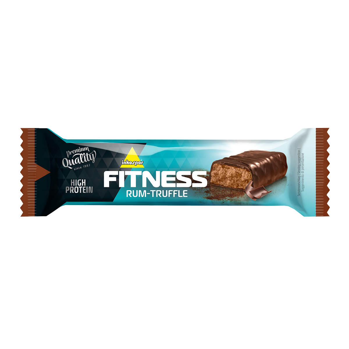 Barretta proteica Fitness Coconut in un involucro blu e bianco.