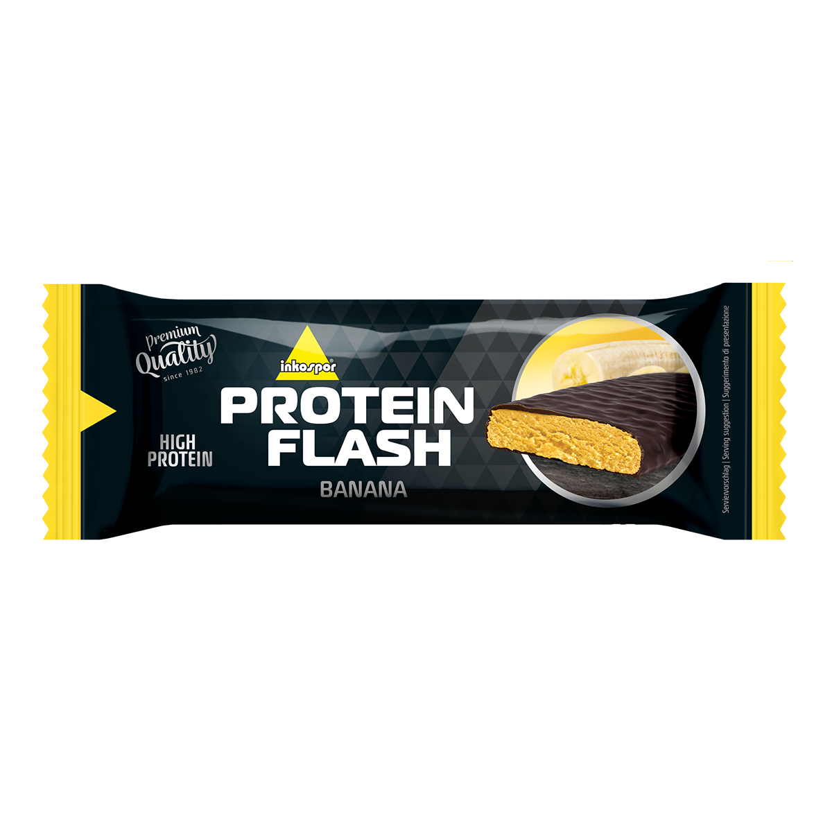 Barretta Protein Flash alla fragola e vaniglia in confezione nera e rossa, con una barretta tagliata che mostra strati di sapore.