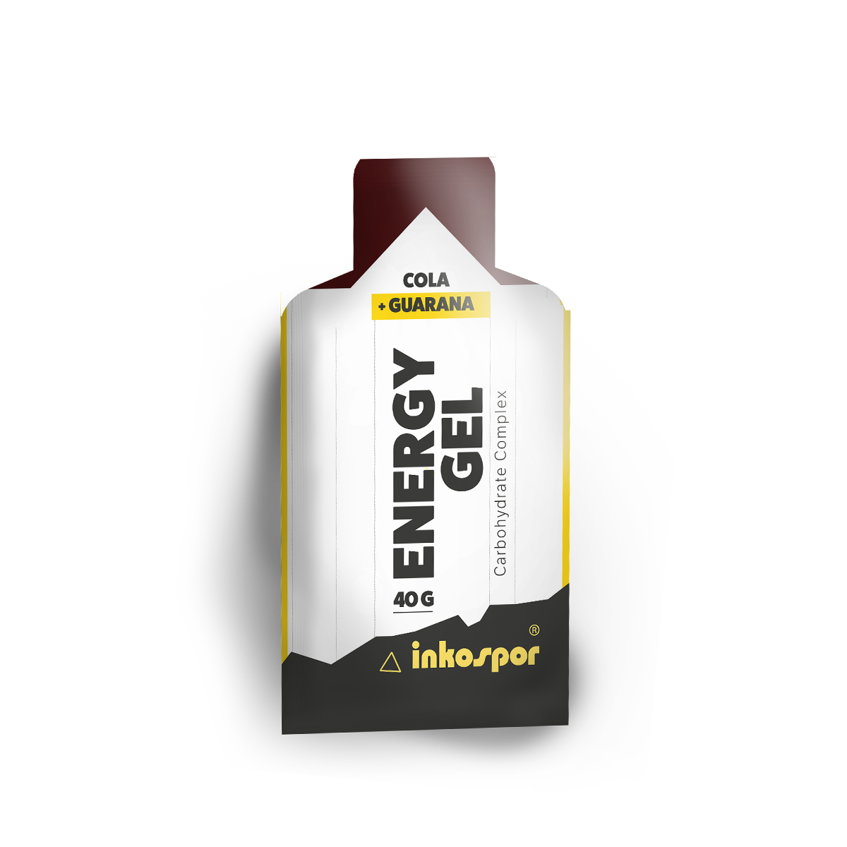 Bustina di gel energetico. Design bianco, giallo e nero al gusto di pompelmo e lime. Testo
