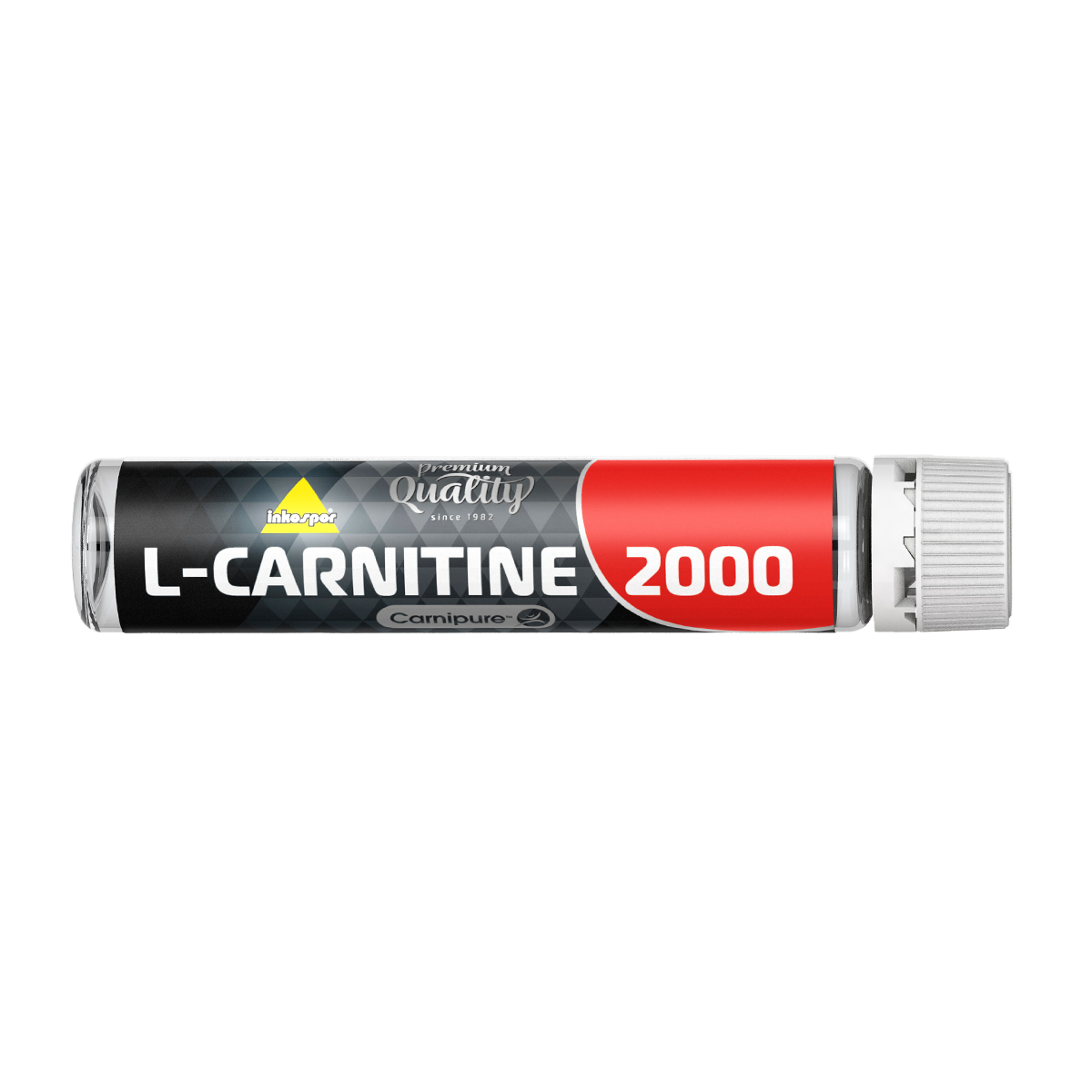 Integratore di L-Carnitina 2000 in flacone rosso e nero. Tappo bianco ed etichetta con testo.