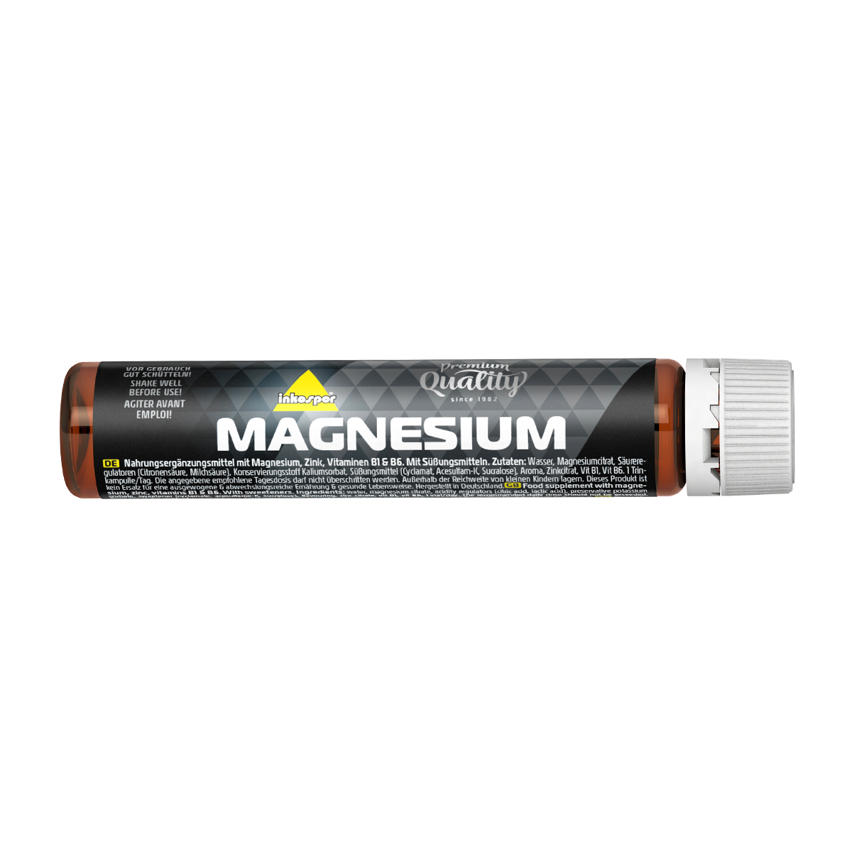 Tubo di integratore di magnesio, marrone con testo bianco, sfondo nero, tappo bianco.