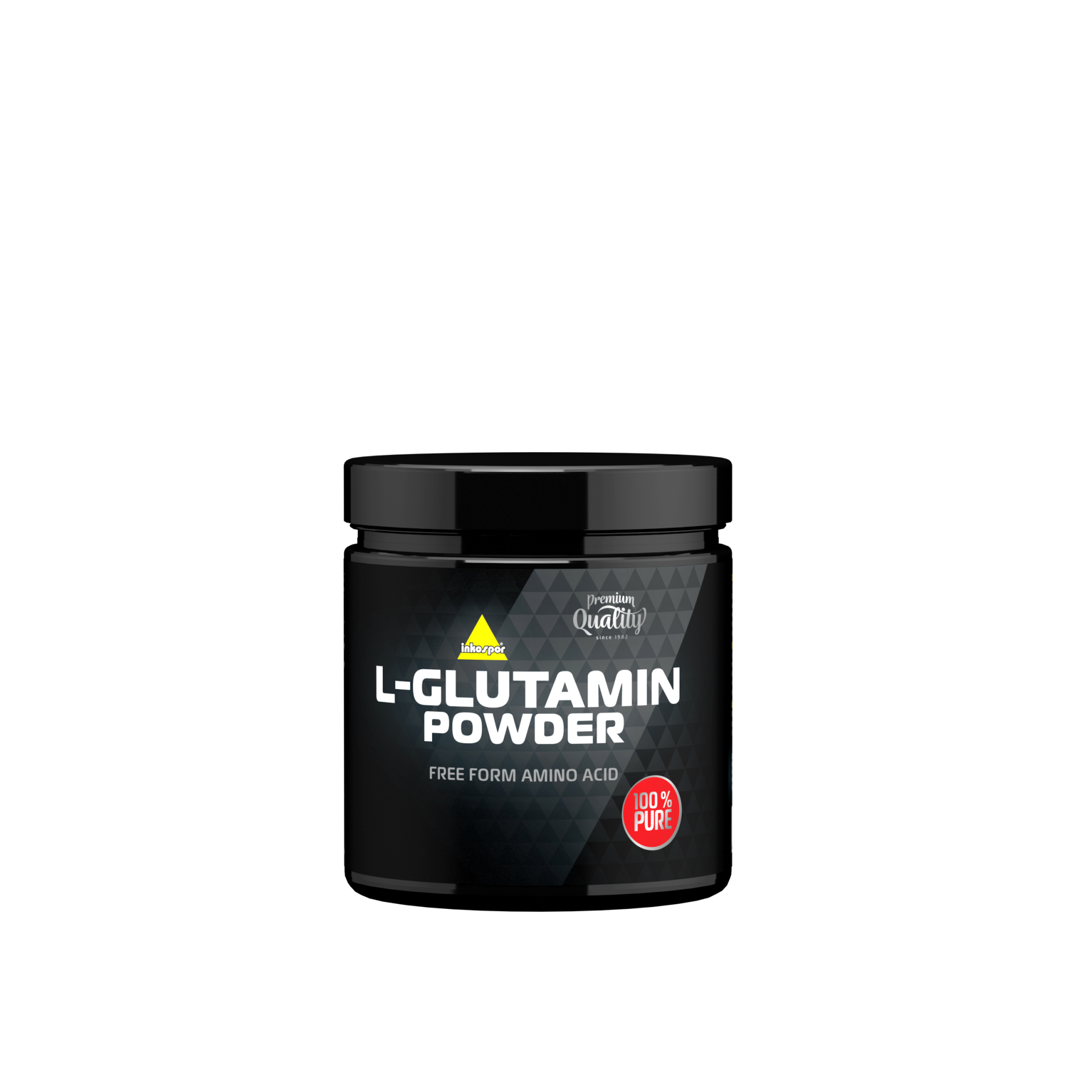 Vaschetta nera di polvere di L-glutammina con testo bianco, accenti rossi e logo dorato.