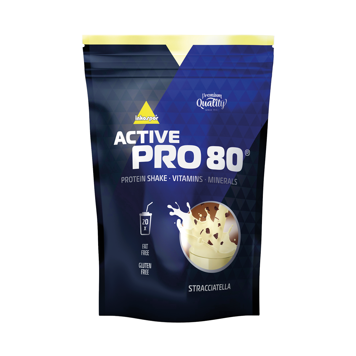 Bustina di proteine in polvere Active Pro 80, gusto vaniglia, su sfondo bianco. Confezione blu scuro con dettagli gialli.