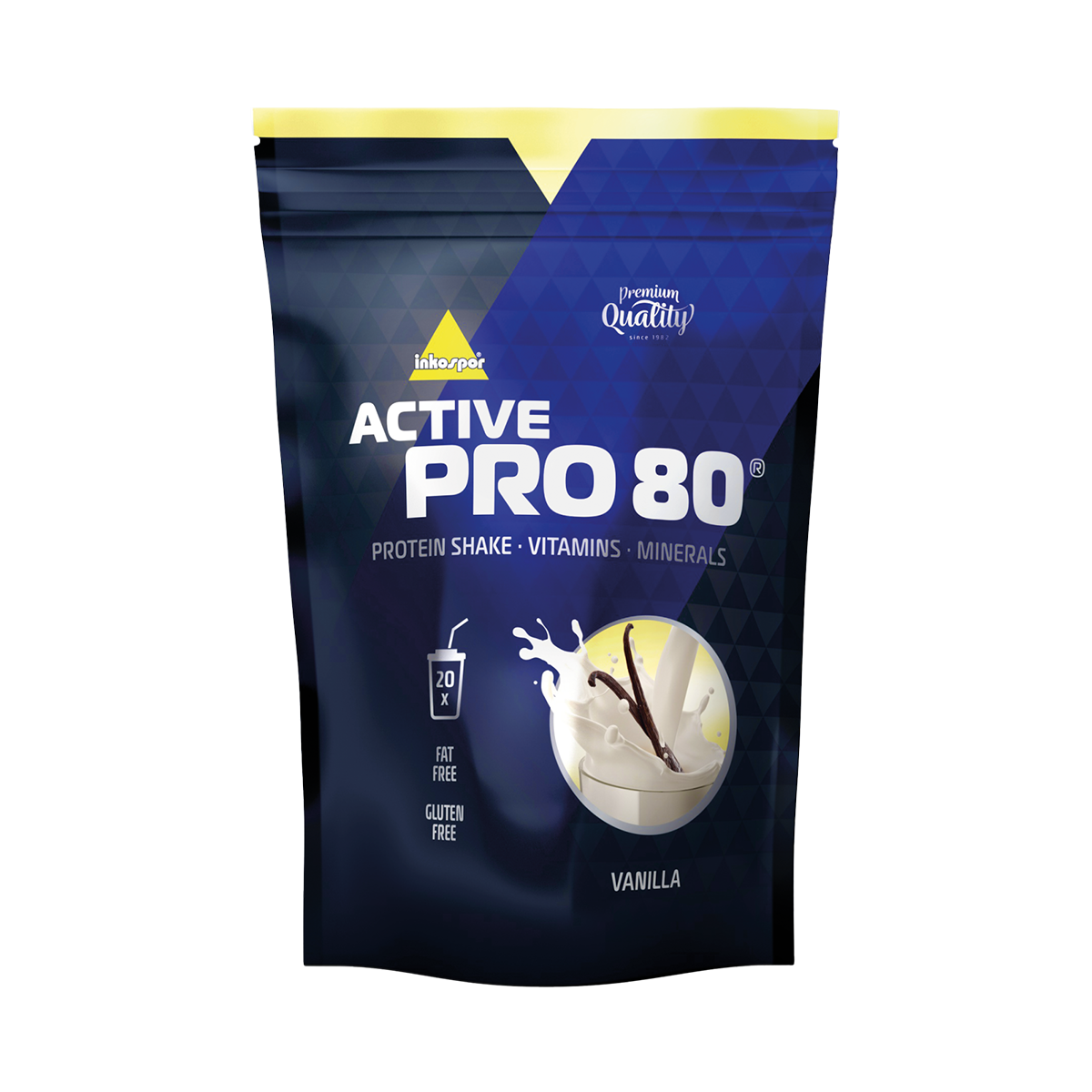 Bustina di proteine in polvere Active Pro 80, gusto vaniglia, su sfondo bianco. Confezione blu scuro con dettagli gialli.