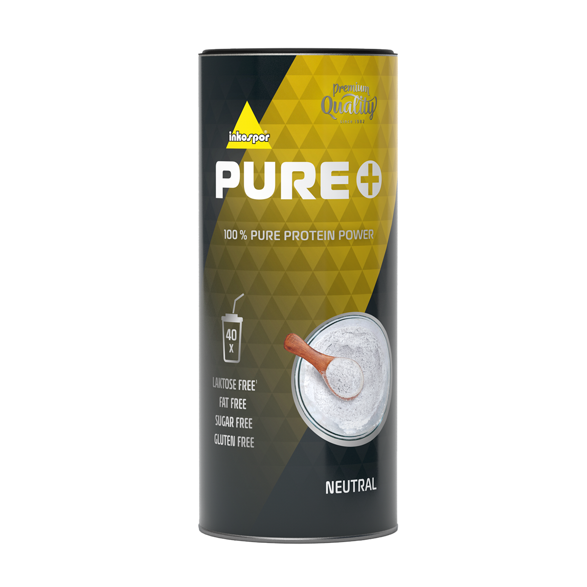Contenitore per proteine in polvere nero e oro con scritta