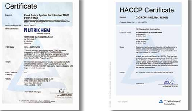 Due certificati di sicurezza alimentare, uno per FSSC 22000 e un altro per HACCP.