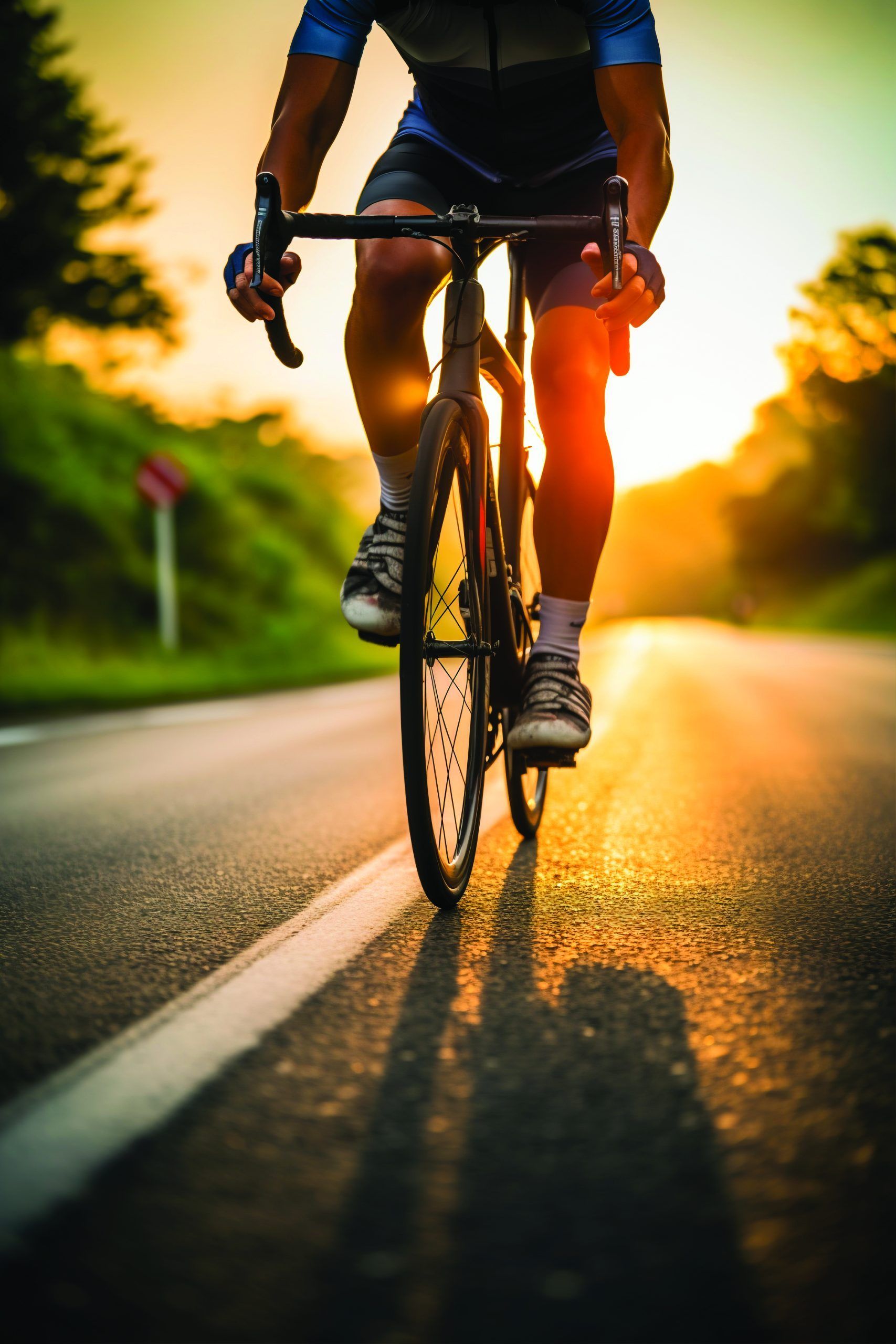Ciclista sulla strada al tramonto, che proietta una lunga ombra; luce arancione e gialla.