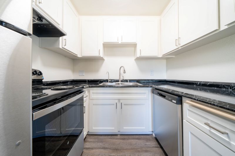 Bright modern kitchen with white cabinets, black countertops, and stainless steel appliances