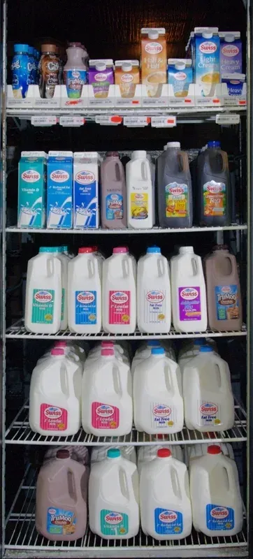 A vertical commercial refrigerator shelf stocked with various milk and dairy products in cartons and jugs.