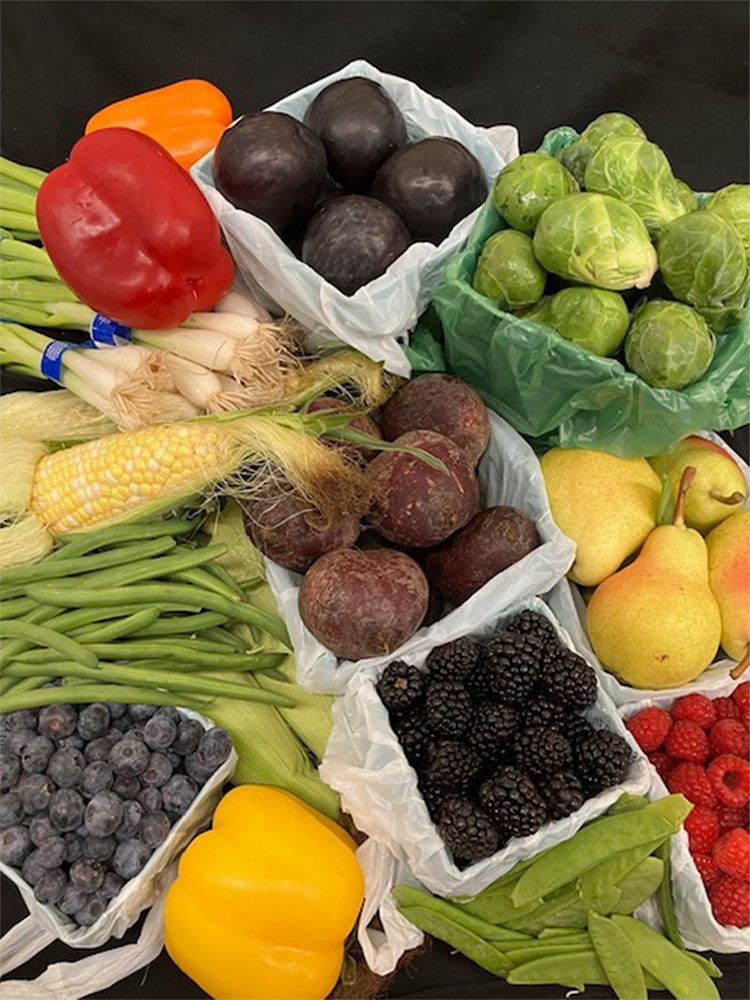 A flat-lay view of various fresh produce, including peppers, corn, green beans, berries, pears, and Brussels sprouts.