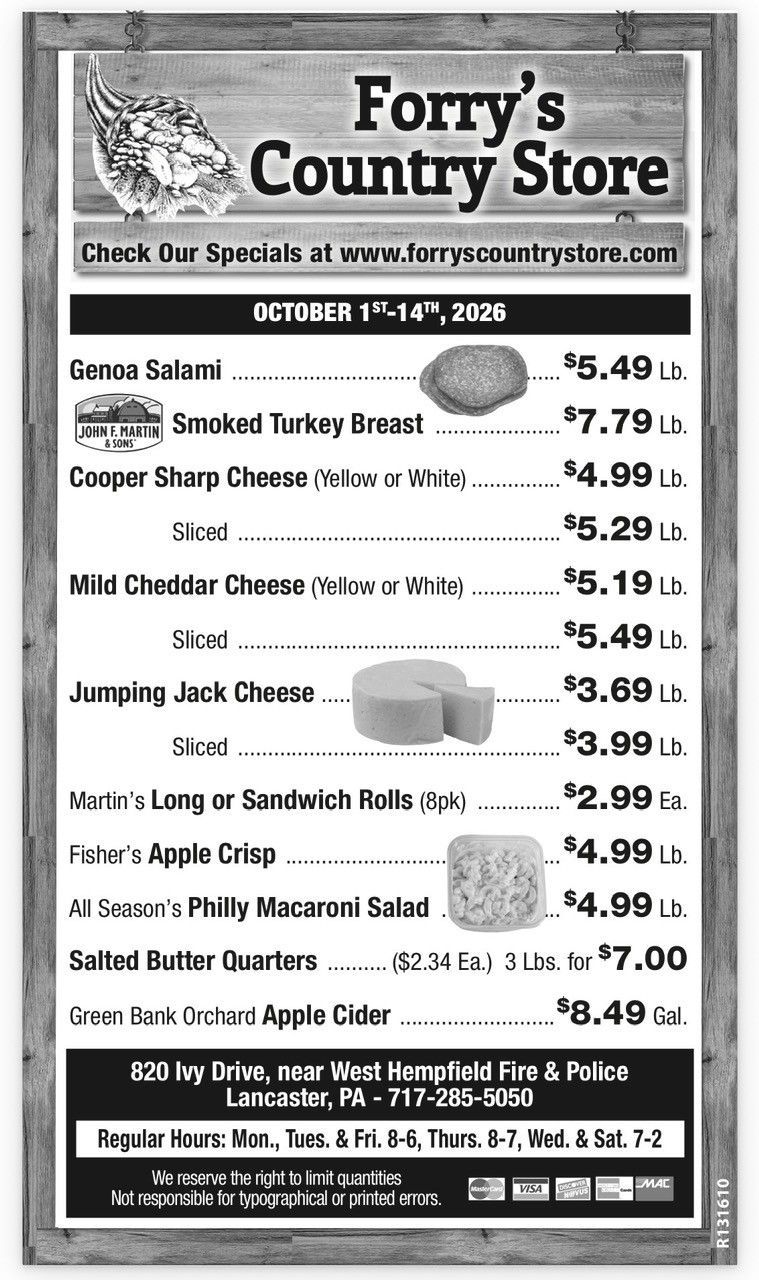 Vintage black-and-white grocery ad for Forry’s Country Store with September sale prices and weekly specials.