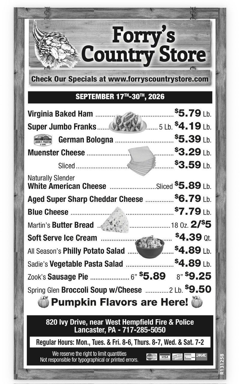 Vintage black-and-white grocery ad for Forry’s Country Store with September sale prices and weekly specials.