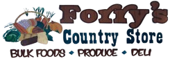 Logo for Forry's Country Store featuring a basket of produce and text: "BULK FOODS &bull; PRODUCE &bull; DELI"