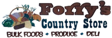 Logo for Forry's Country Store featuring a basket of produce and text: "BULK FOODS &bull; PRODUCE &bull; DELI"
