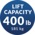 A blue circle with the words `` lift capacity 400 lb '' written on it.