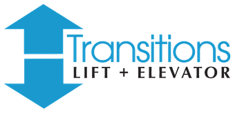 The logo for transitions lift and elevator has a blue arrow pointing up and down.