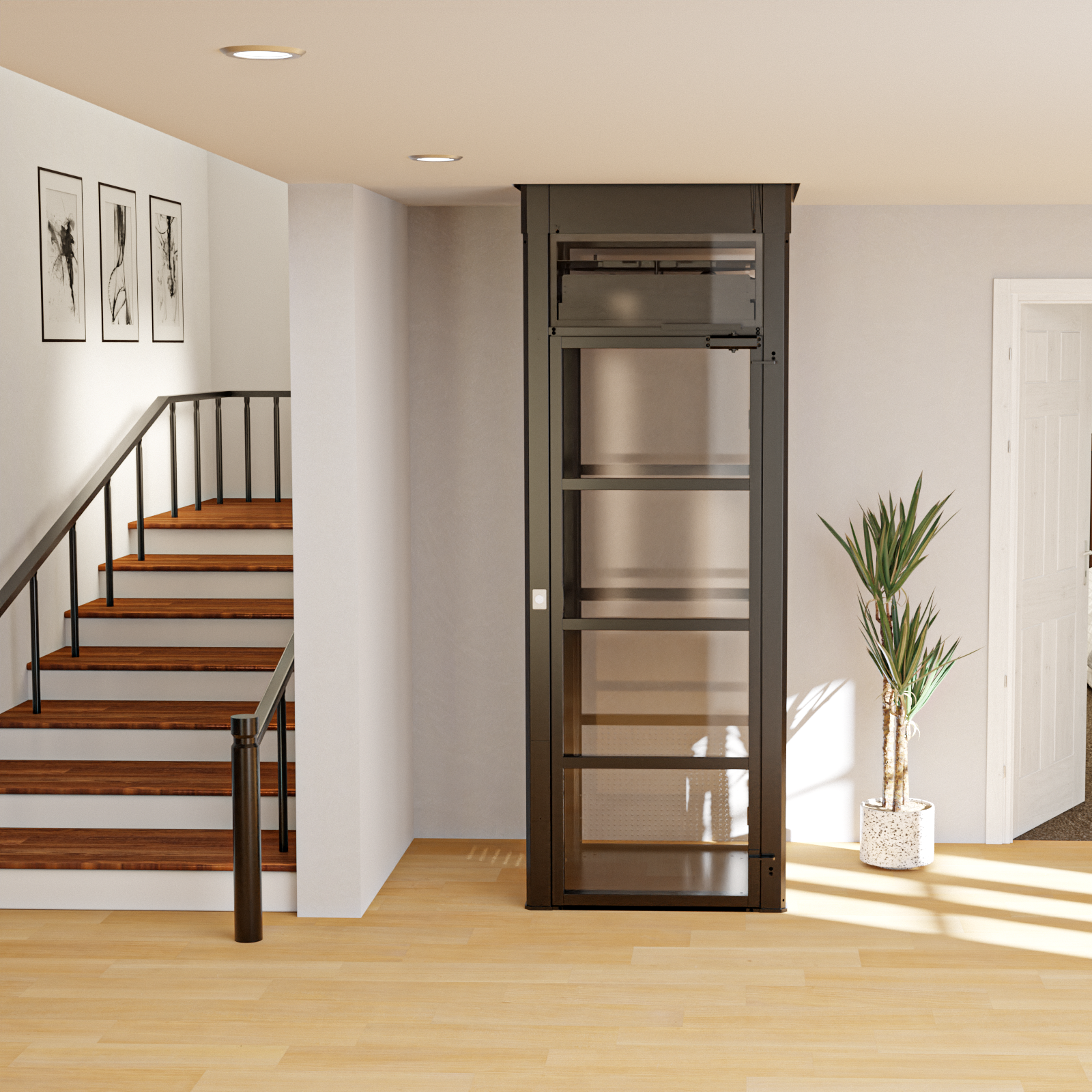 A white chair is sitting on the stairs in a living room
