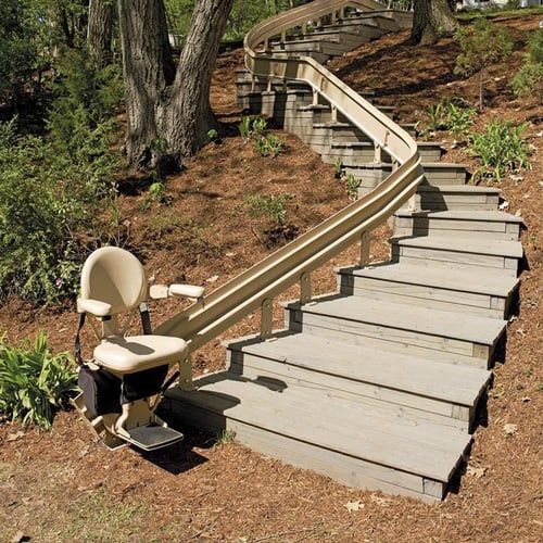 A set of stairs with a chair in the middle
