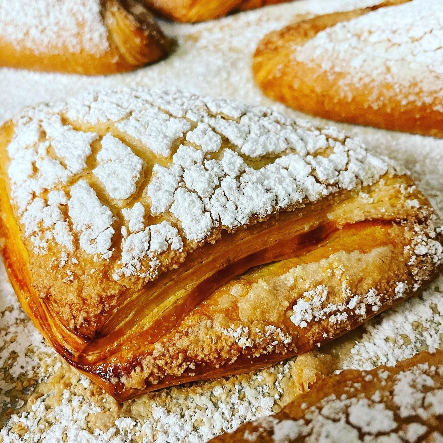 Primo piano di un dolce spolverato di zucchero a velo, con un motivo a reticolo sulla superficie. Sullo sfondo si vedono altri dolci.