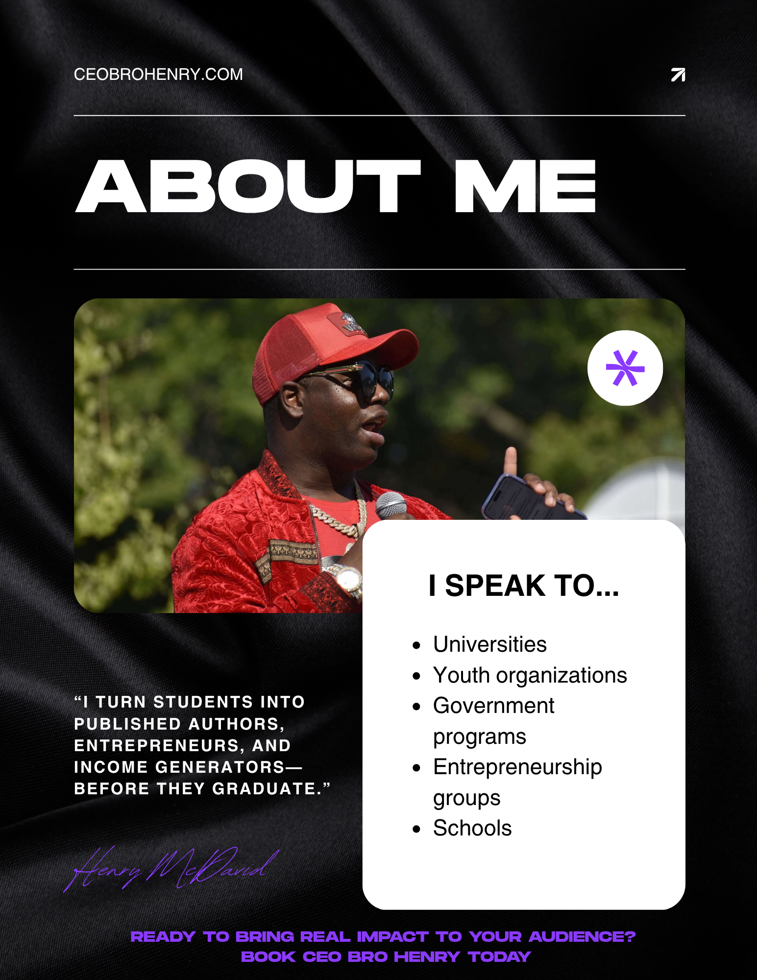 About Me page with a man in a red cap and a speech bubble listing speaking topics