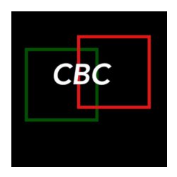 Black background with overlapping green and red outlined squares behind white “CBC” text.