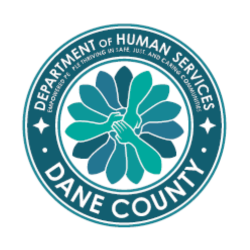 Dane County Department of Human Services logo in teal and blue, with a stylized flower and hands emblem