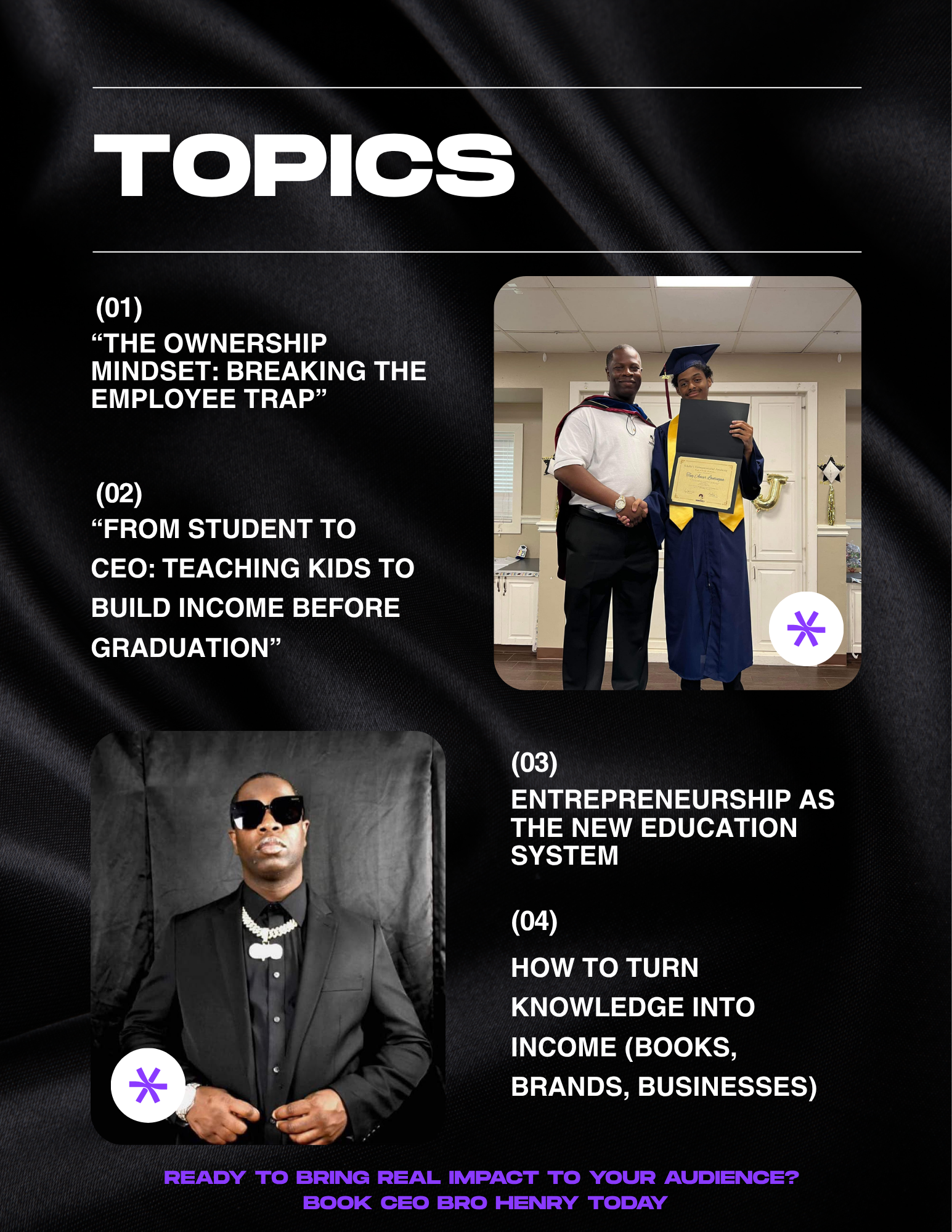 Topics poster with three article teasers, including photos of a graduate, a suited man, and a worship scene.