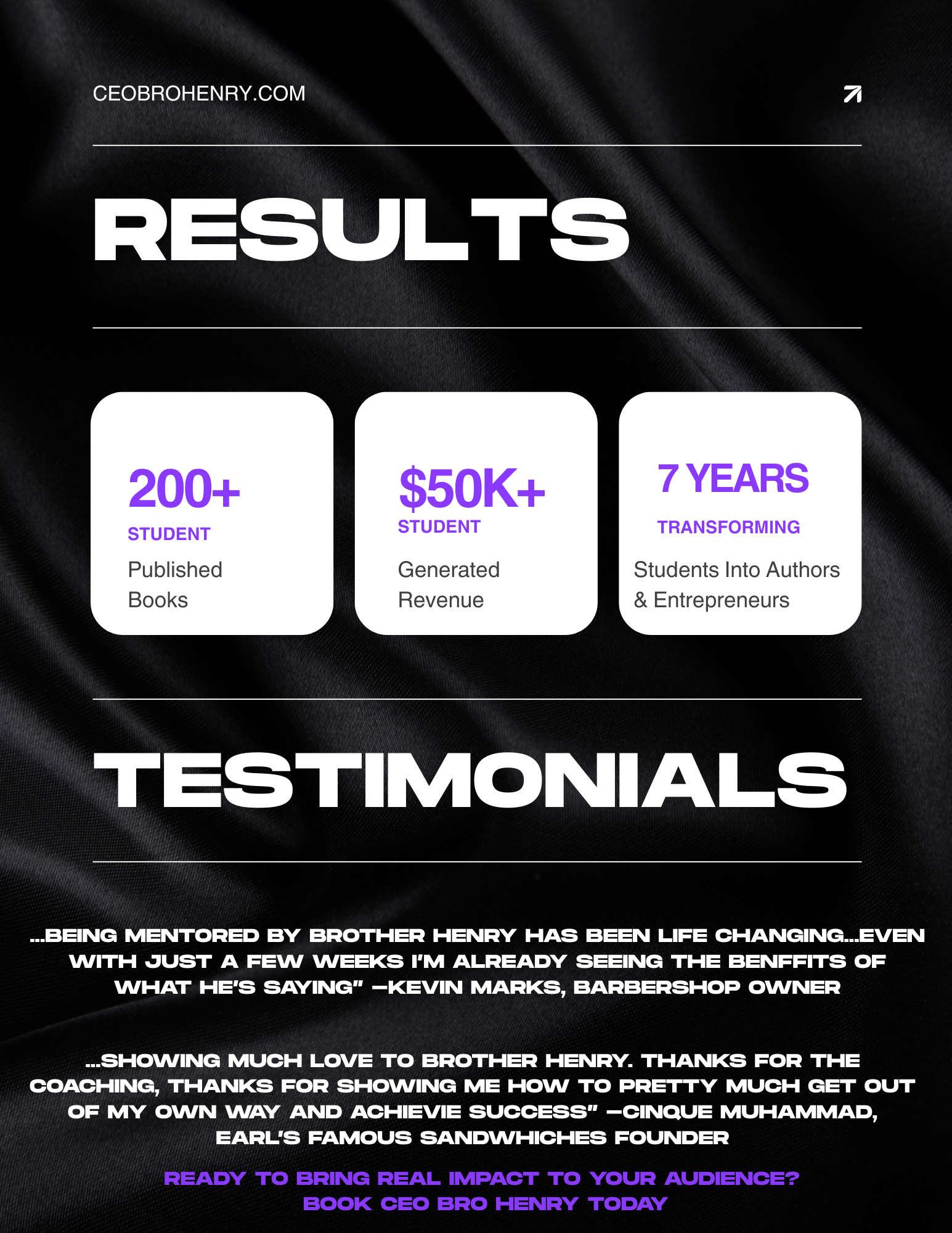 Black website section showing results and testimonials with three statistic cards on a dark background
