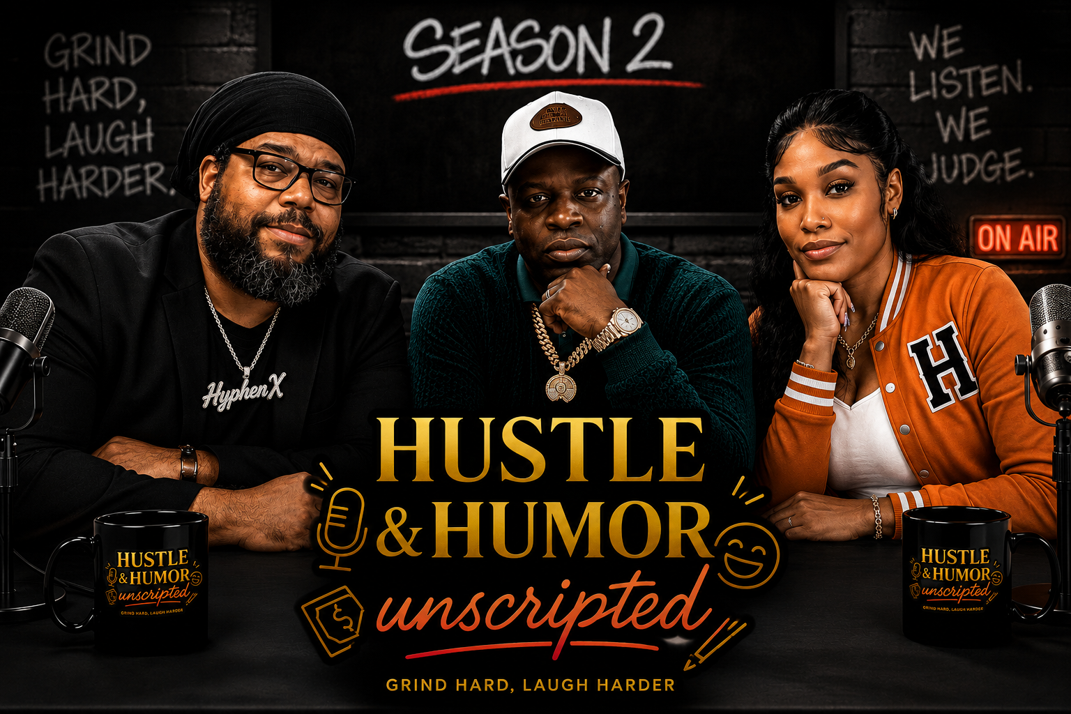 Podcast promo for “Hustle & Humor Unscripted” Season 2 with three hosts against a black backdrop
