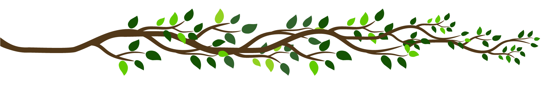 A brown vine with green leaves winds horizontally.