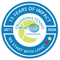 Oklahoma Tennis Foundation 15th anniversary logo with tennis ball, dates 2011 and 2026, and “We Start With Love”