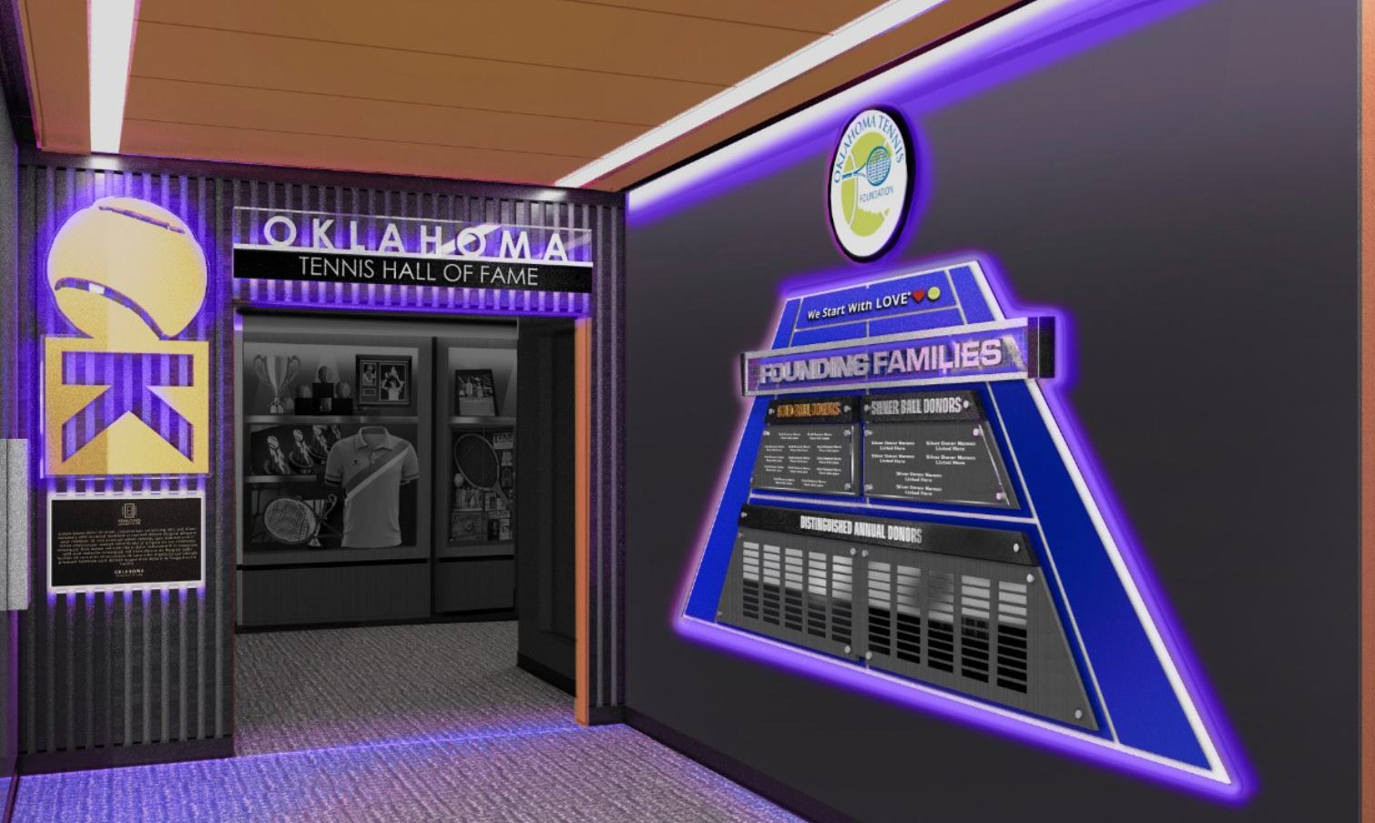 Neon-lit arcade entrance with purple and blue signs and game posters on the walls