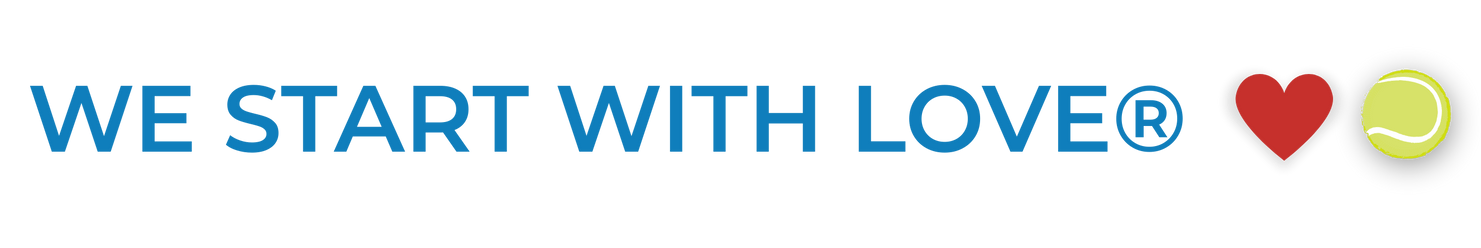 Blue text reading “WE START WITH LOVE®” with a red heart and a green circle emoji.