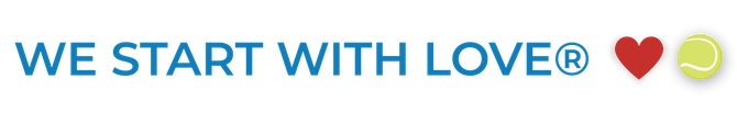 Blue text reading “WE START WITH LOVE®” with a red heart and a green circle emoji.