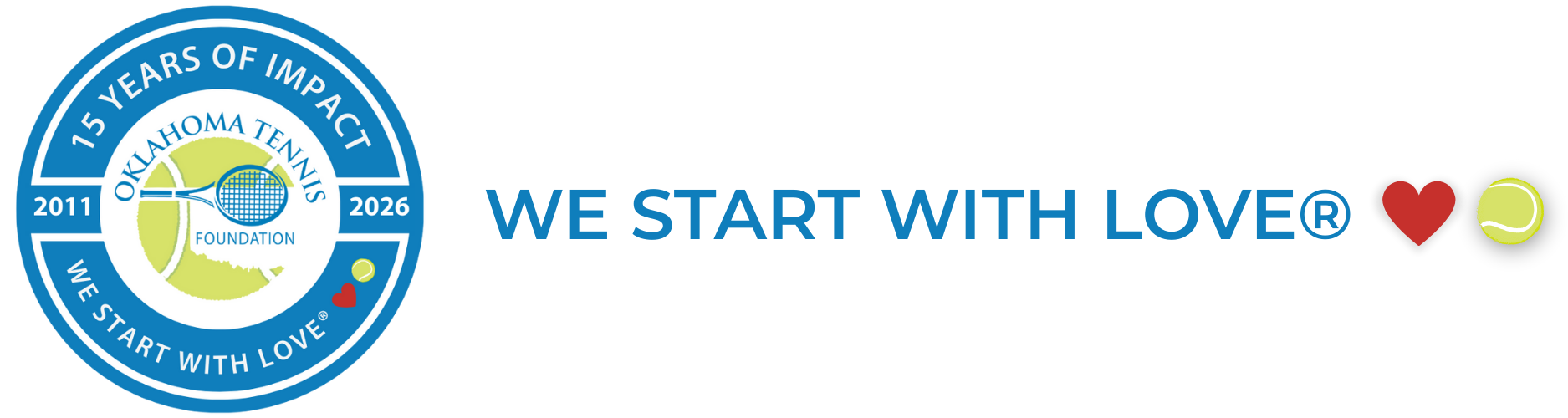 Blue circular anniversary logo beside “WE START WITH LOVE®” text with red and yellow heart icons