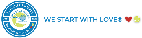 Blue circular anniversary logo beside “WE START WITH LOVE®” text with red and yellow heart icons