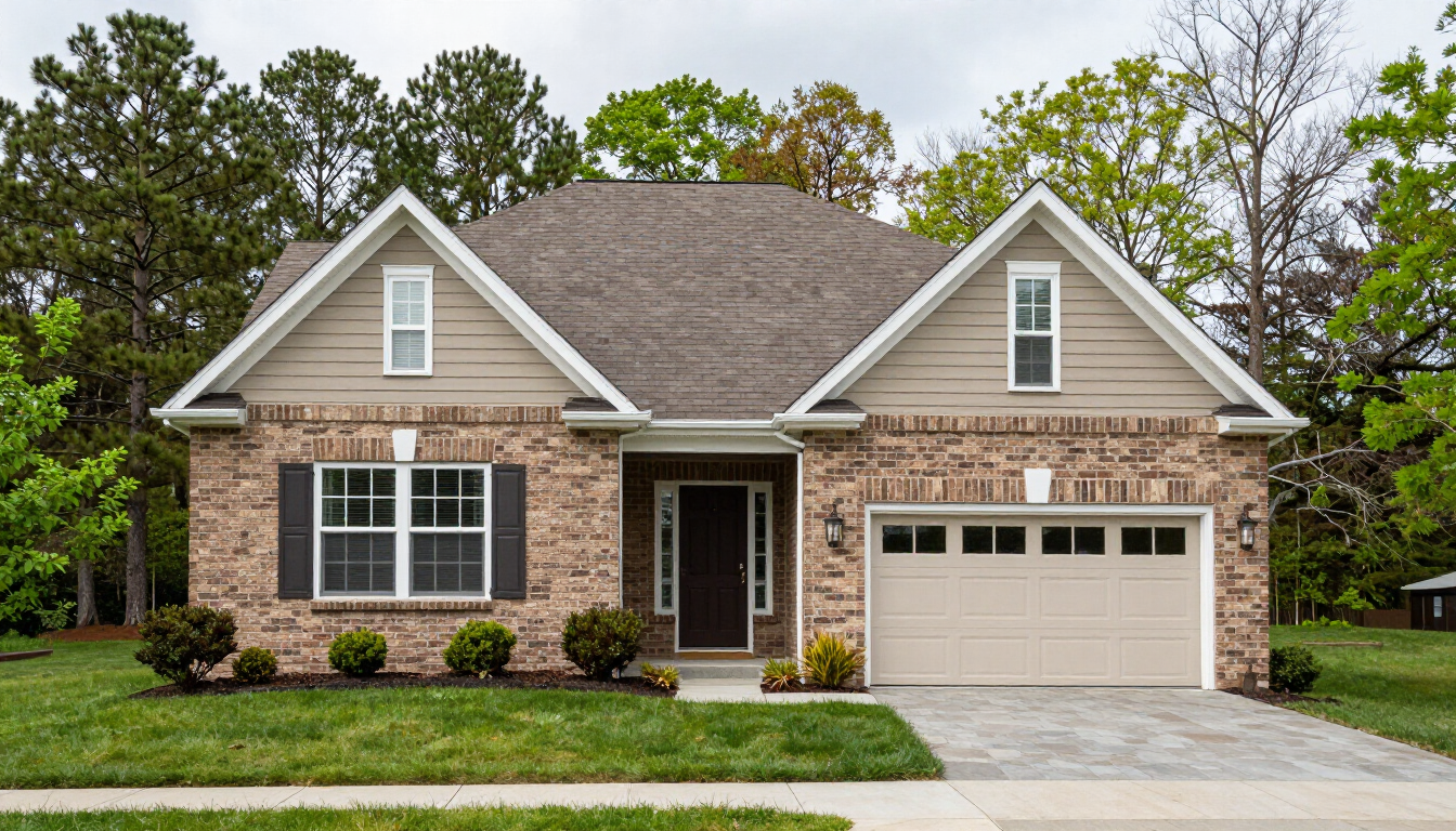 Brick suburban house with tan trim, two-car garage, and front lawn under trees
