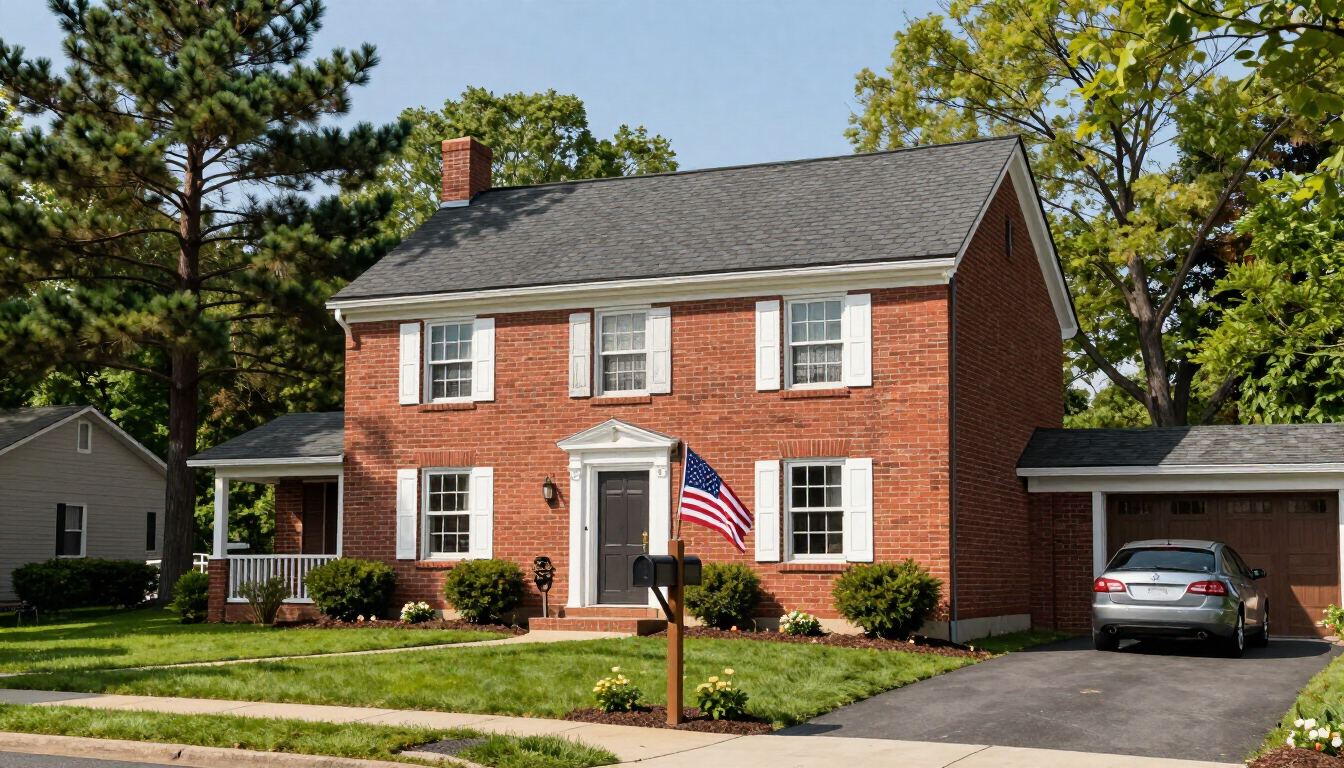 Two-story red brick suburban house with white shutters, American flag, and attached garage on a sunny day