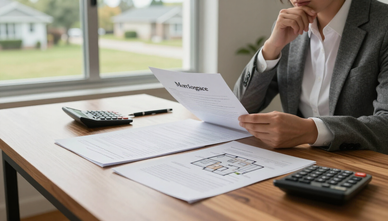 Businessperson reviewing documents at a desk with calculator and financial papers by a window