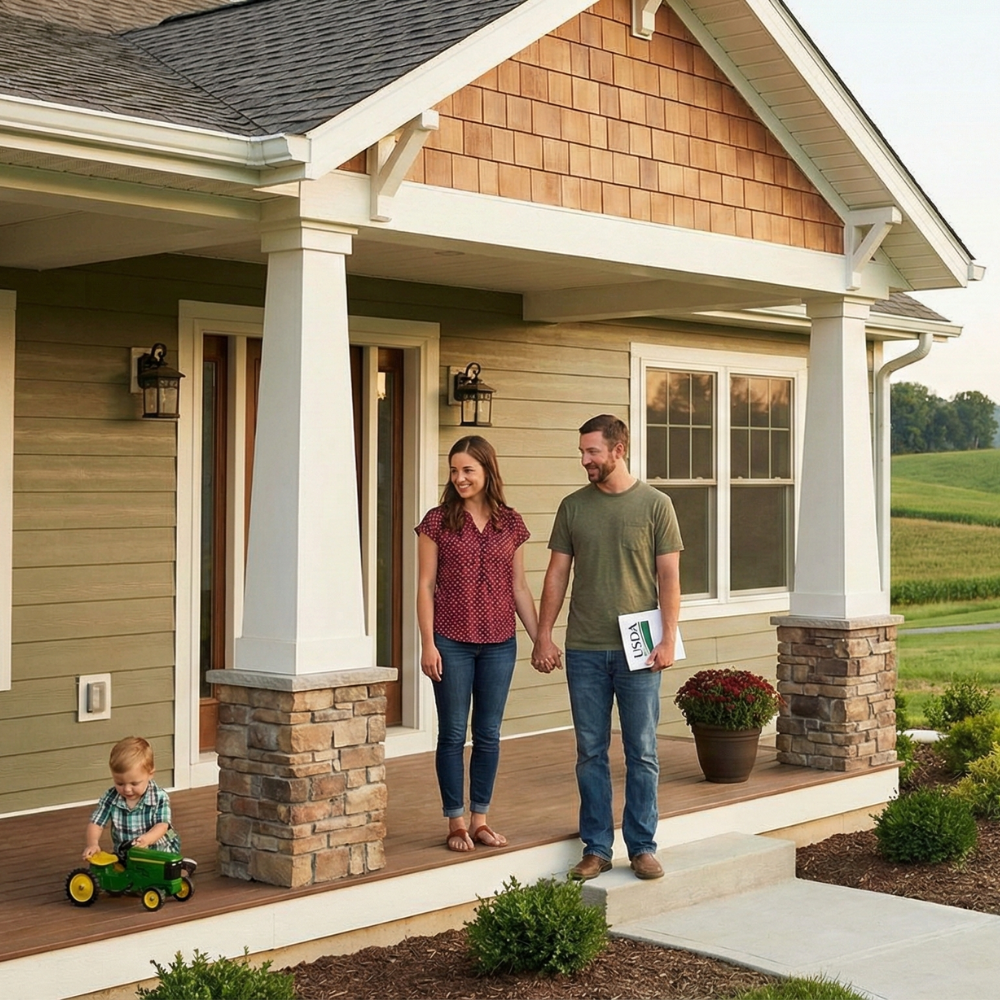A couple standing on a house porch, with a child riding a toy tractor nearby.