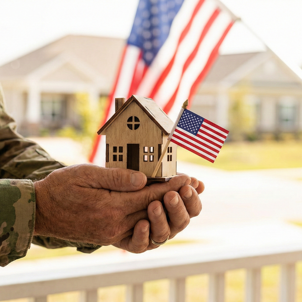 Hands holding a small house model with a U.S. flag, with a blurred American flag and house in the background